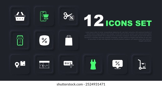 Set Discount percent tag, Hand truck and boxes, Woman dress, Online shopping on phone, Market store, Mobile with cart and Buy button icon. Vector