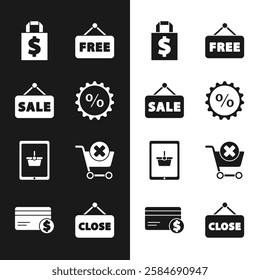 Set Discount percent tag, Hanging sign with Sale, Shoping bag and dollar, Price text Free, Shopping basket on tablet, Remove shopping cart, Closed and Credit card icon. Vector