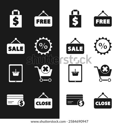 Set Discount percent tag, Hanging sign with Sale, Shoping bag and dollar, Price text Free, Shopping basket on tablet, Remove shopping cart, Closed and Credit card icon. Vector