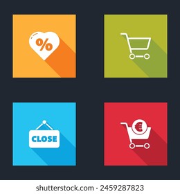 Set Discount percent tag in heart, Shopping cart, Hanging sign with Closed and and euro icon. Vector