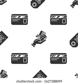 Set Discount percent tag, Human hand holding with credit card and Credit card on seamless pattern. Vector