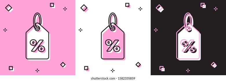 Set Discount percent tag icon isolated on pink and white, black background. Shopping tag sign. Special offer sign. Discount coupons symbol.  Vector Illustration