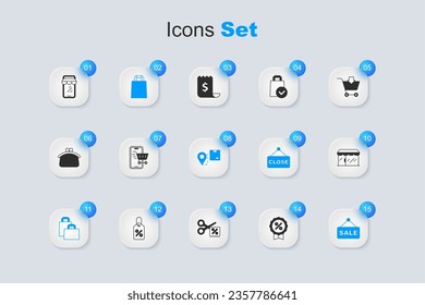 Set Discount percent tag, Mobile with shopping cart, Paper bag, Hanging sign text Sale, Market store, Online on phone and Location cardboard box icon. Vector