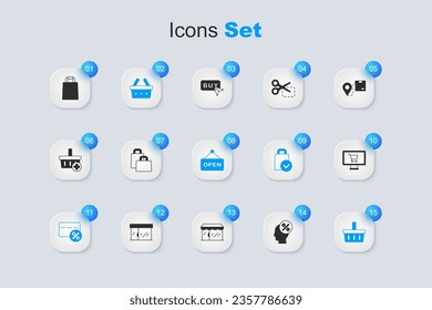 Set Discount percent tag, Paper shopping bag, Shopping basket, card with, cart on monitor,  and Hanging sign text Open icon. Vector