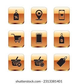 Establece la etiqueta Porcentaje de descuento, Elimina la cesta de la compra, Refrescar, Smartphone, teléfono móvil, Añadir al carrito de compras, Móvil y, Precio de la plantilla de etiquetas e icono Ubicación. Vector
