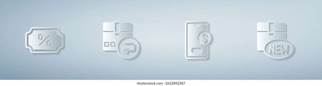 Set Discount percent tag, Return cardboard box, Mobile with dollar and New collection. Paper art style. Vector