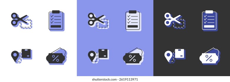 Set Discount percent tag, Scissors cuts discount coupon, Location with cardboard box and Clipboard checklist icon. Vector