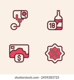 Set Discount percent tag, Security camera, Wine bottle and Credit card icon. Vector