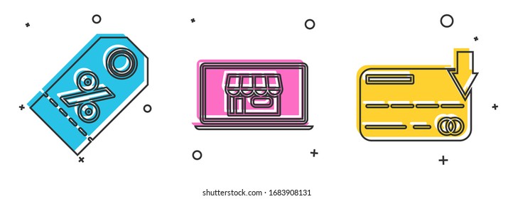 Set Discount percent tag, Shopping building on screen laptop and Credit card icon. Vector
