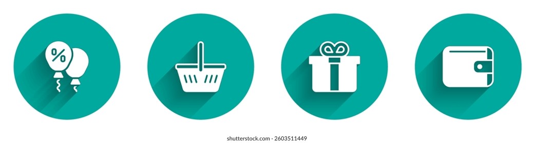 Set Discount percent tag, Shopping basket, Gift box and Wallet icon with long shadow. Vector