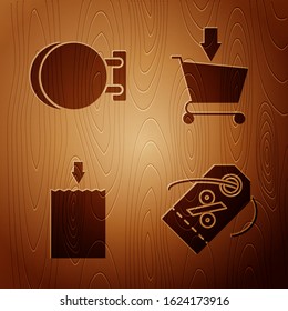 Set Discount percent tag, Signboard hanging, Paper shopping bag and Add to Shopping cart on wooden background. Vector