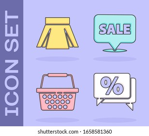 Set Discount percent tag, Skirt, Shopping basket and Hanging sign with Sale icon. Vector
