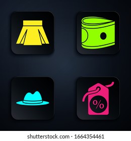 Set Discount percent tag, Skirt, Man hat with ribbon and Stacks paper money cash. Black square button. Vector