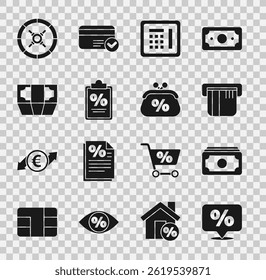 Set Discount percent tag, Stacks paper money cash, Credit card, Safe, Finance document,  and Purse icon. Vector