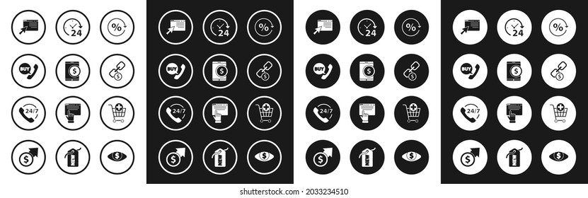 Set Discount percent tag, Tablet with dollar, Phone and speech bubble Buy, Online shopping screen, Chain link coin, Clock 24 hours, Add to Shopping cart and Telephone support icon. Vector