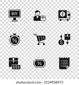 Set Discount percent tag, Tax cardboard box, Wish list template, Shopping cart, Armored truck, Buy button, Buyer and Stopwatch discount icon. Vector