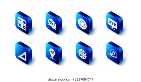 Set Discount percent tag, Triangle math, XYZ Coordinate system, Square root of x glyph, Triangular ruler and Calculator icon. Vector