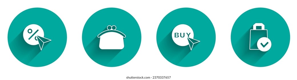 Set Discount Prozent Tag, Brieftasche, Kaufen Taste und Papier Einkaufstasche Symbol mit langer Schatten. Vektorgrafik