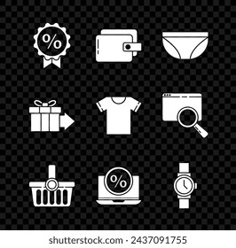 Set Discount percent tag, Wallet, Underwear, Shopping basket, Percent discount and laptop, Wrist watch, Gift box and T-shirt icon. Vector