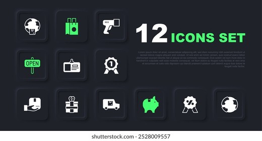 Set Discount percent tag, Worldwide, Identification badge, Piggy bank, Hanging sign with text Open, Gift box, Paper shopping bag and Delivery cargo truck icon. Vector