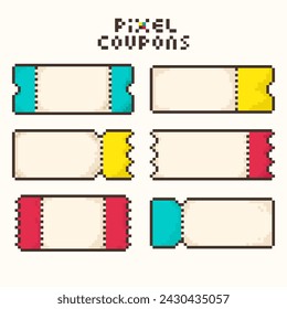 Set Discount pixel Coupons or Tickets in retro 8-bit game style.Cinema, theater, concert, game, party. Colorful Bonus or discount voucher empty template. Vector illustration EPS10