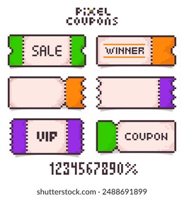 Set Cupones de píxeles de descuento o entradas en estilo de juego retro de 8 bits. Cine, teatro, concierto, juego, fiesta. Bono colorido o cupón de descuento Plantilla vacía. Ilustración vectorial EPS10.