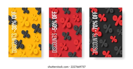 Set of discount poster templates with 3d volume percent symbols in red black and yellow colors
