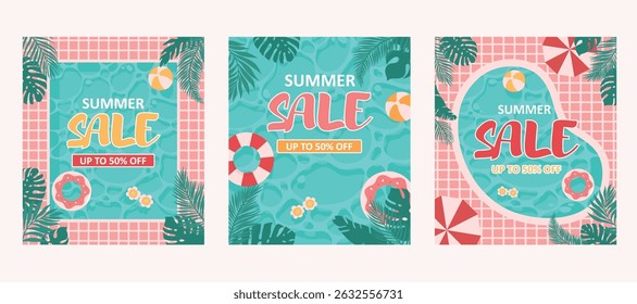 Set of discount posters. Up to 50% off. Top view of swimming pool with swimming rings, palm leaves. Flat vector illustration.