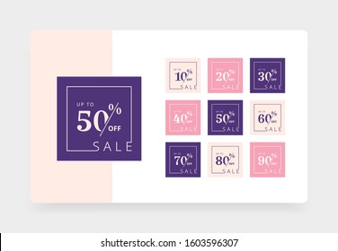 Set of discount price tags. Badges template 10 off, 20, 30, 40, 50, 60, 70, 80, 90 percent sale label symbols, discount promotion icon.