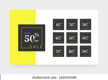 Set of discount price tags. Badges template 10 off, 20, 30, 40, 50, 60, 70, 80, 90 percent sale label symbols, discount promotion icon.