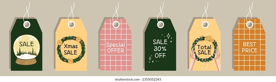 Set of discount price tags. Christmas sale. Labels with winter background. Template for shopping tags.