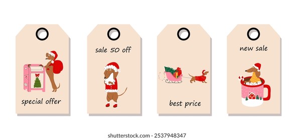 Set of discount price tags. Labels with dachshund dogs with christmas decorations. Template for shopping tags. Christmas sale.