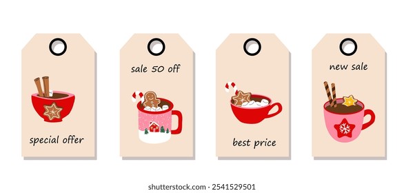 Set of discount price tags. Labels with cute holiday mug with a flat cartoon style, featuring a Christmas hot drink. Template for shopping tags. Christmas sale.