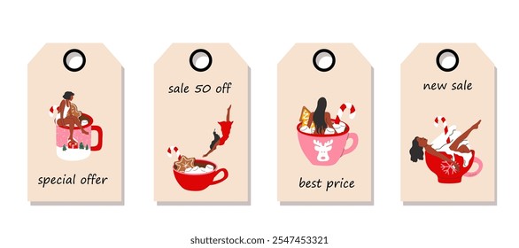  Set of discount price tags. Labels with woman is bathing in a cute holiday mug with a flat cartoon style, featuring a Christmas hot drink. Template for shopping tags. Christmas sale.