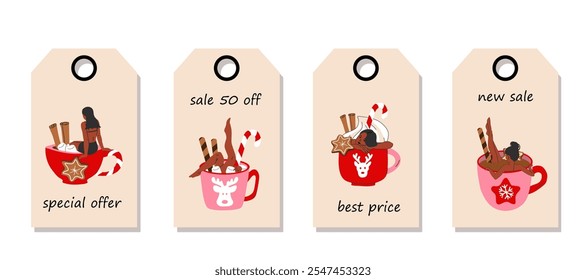  Set of discount price tags. Labels with woman is bathing in a cute holiday mug with a flat cartoon style, featuring a Christmas hot drink. Template for shopping tags. Christmas sale.