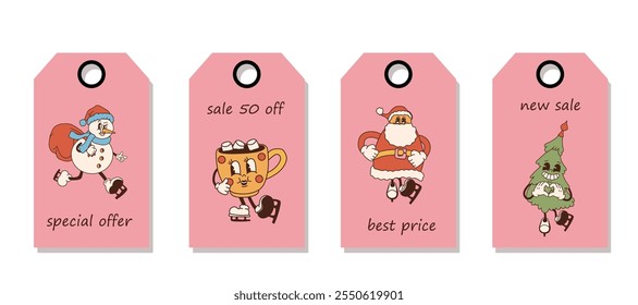 Set of discount price tags. Labels with retro cartoon Christmas characters on a pink background,. Template for shopping tags. Christmas sale.