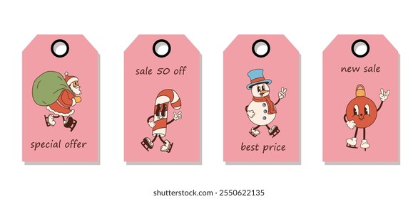 Set of discount price tags. Labels with retro cartoon Christmas characters on a pink background,. Template for shopping tags. Christmas sale.