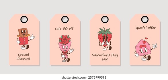 Set of discount price tags. Labels with retro cartoon characters. Love. Valentine's day sale.