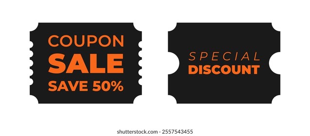 Set of discount, promotion coupon templates for special offer with sale text. Concept voucher for announcement, advertising. Black, orange colors. Vector illustration isolated transparent background 