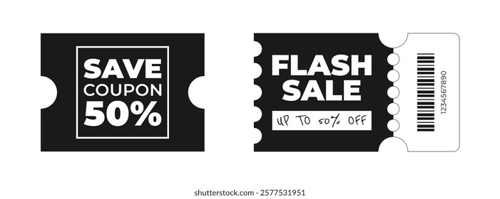 Set of discount, promotion coupon templates for special offer with sale text. Concept voucher for announcement, advertising. Black,white colors. Vector illustration isolated on transparent background 