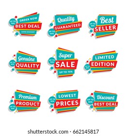 Set of discount and promotional sale origami stickers. Folded paper with advertising tags. Vector design elements for website, flyer, poster