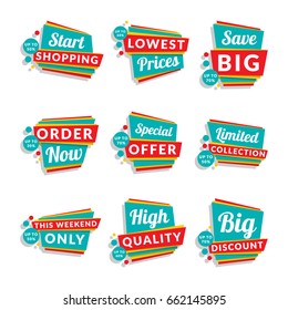 Set of discount and promotional sale origami stickers. Folded paper with advertising tags. Vector design elements for website, flyer, poster