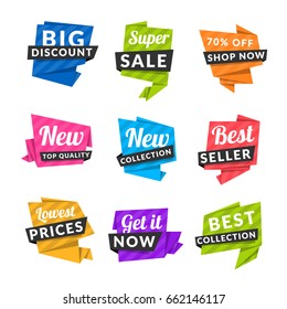 Set of discount and promotional sale origami stickers. Folded paper with advertising tags. Vector design elements for website, flyer, poster