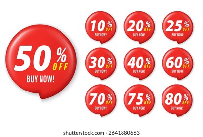 Set of discount promotions. 3D Round sticker mockup banner. Promotion sticker badge set for shopping marketing and advertisement, clearance sale, special offer. Trendy and modern vector in 3d style.