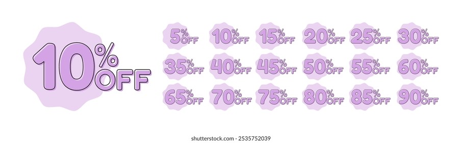 Set of discount purple labels. 5, 10, 15, 20, 25, 30, 35, 40, 45, 50, 55, 60, 65, 70, 75, 80, 85, 90 percent off.