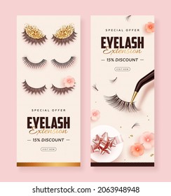 Set of discount roll up with realistic false lashes, lash extension tools and flowers on pink background. Vector illustration