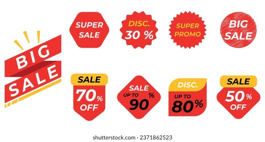 Set of discount sale off the tag, 30, 50, 70, 80, 90 percent. Promotion red banner with discount offer, special offer tag sticker design element, mega discount deal banners. Flat vector illustration