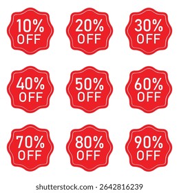 Set of discount sale tags from 10% to 90% off. Perfect for shopping banners, e-commerce websites, online stores, product marketing, and promotional graphics. Bold and editable design.