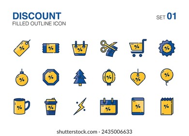 Set discount sign and sale icons. Filled outline icon set01