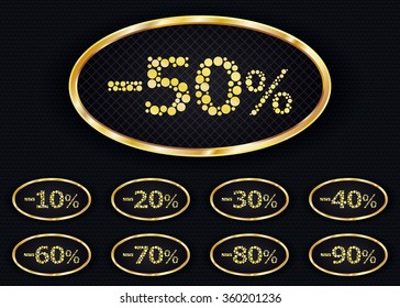 Set of discount signs. From ten to ninety percents. Bubble texts. Yellow gradient.